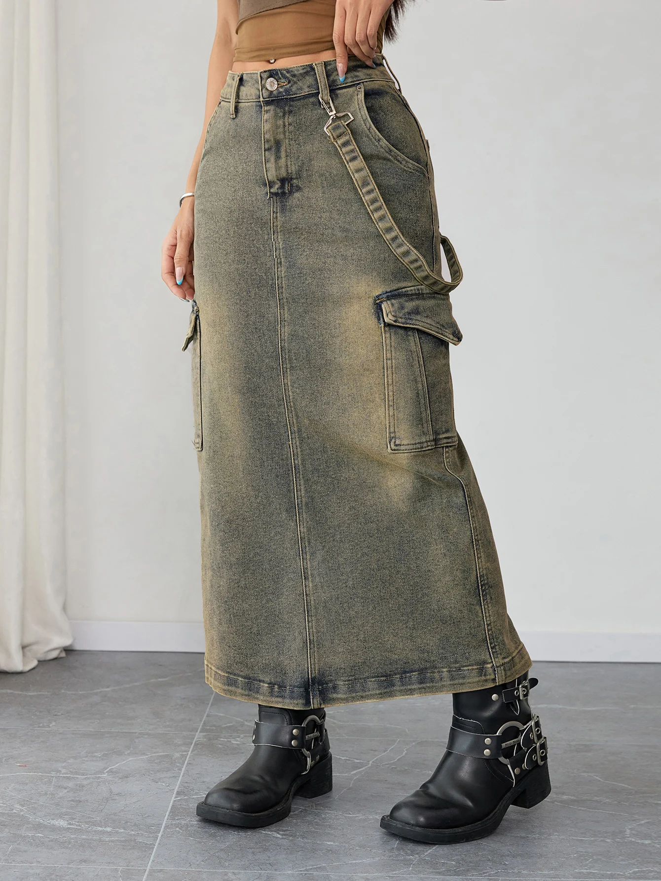 Gonna lunga in denim cargo vintage a vita alta Pantaloni jeans streetwear per donna Moda Y2K Abbigliamento multiuso