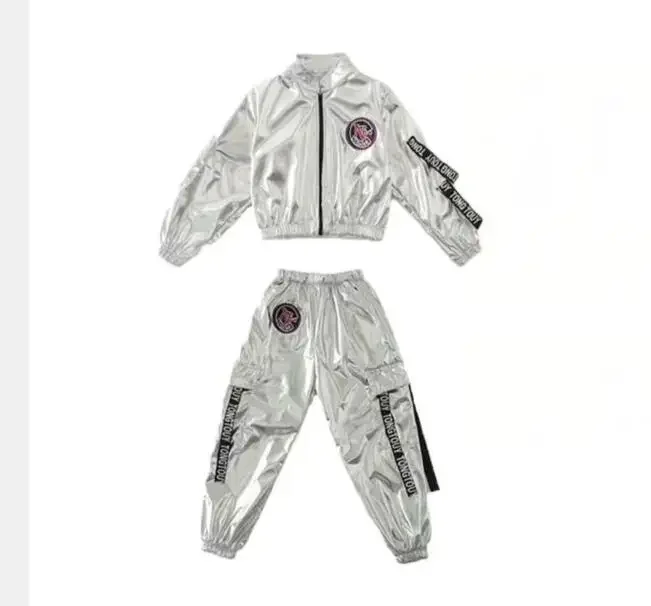 1set/lot  Boy girl Hip-hop Set Silver Color Jazz Dance Costume Children Performance jazz Clothes Dance Costume