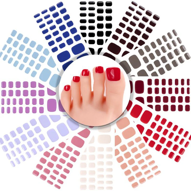 Gel Toe Nail Stickers Pure Color Glitter Unlighted Gel Toenail Wraps Finished Full Cover Adhesive Fake Nail Patch Tips Uñas