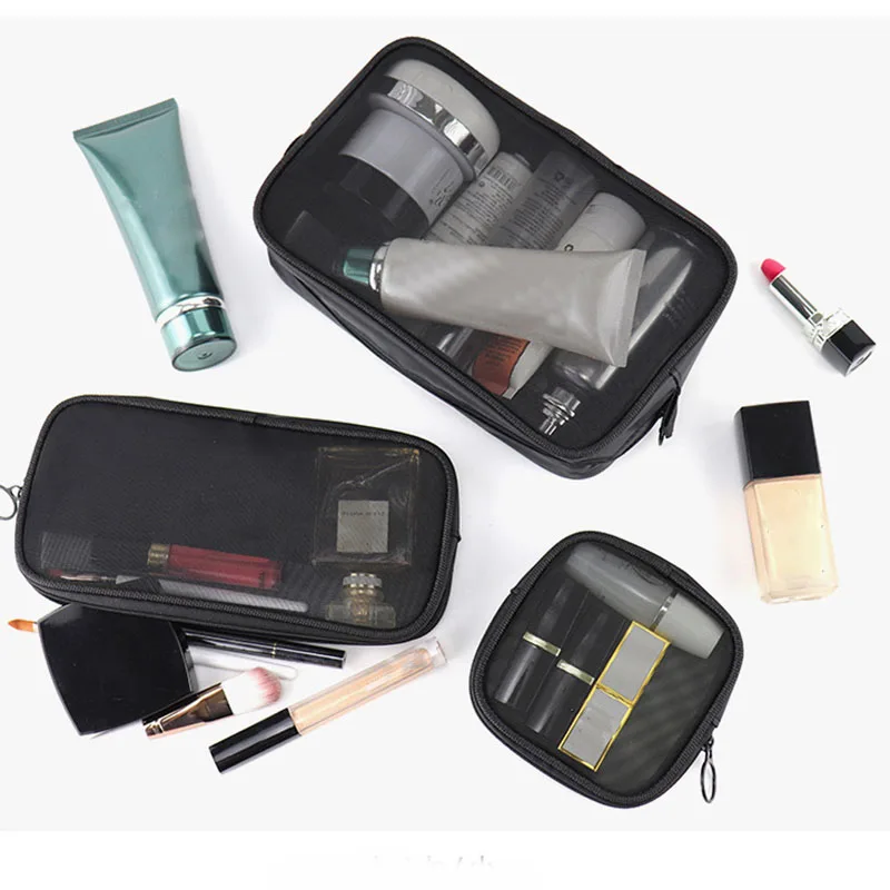 Mesh Visible Large Capacity Cosmetic Bags Travel Black Makup Bags Lipstick Brushes Toiletry Organizer Washing Storage Cases