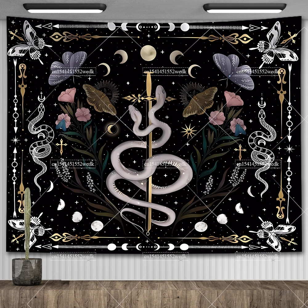 Psychedelic Bohemian Wall Tapestry For Living Room Moon Phase And Stars Tapestrys Butterfly Snake Tapestries Tarot Altar Cloths