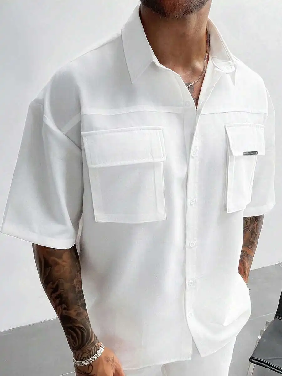 

Men's White Short Sleeve Utility Shirt with Front Pockets, Loose Fit for Casual Outdoor Wear