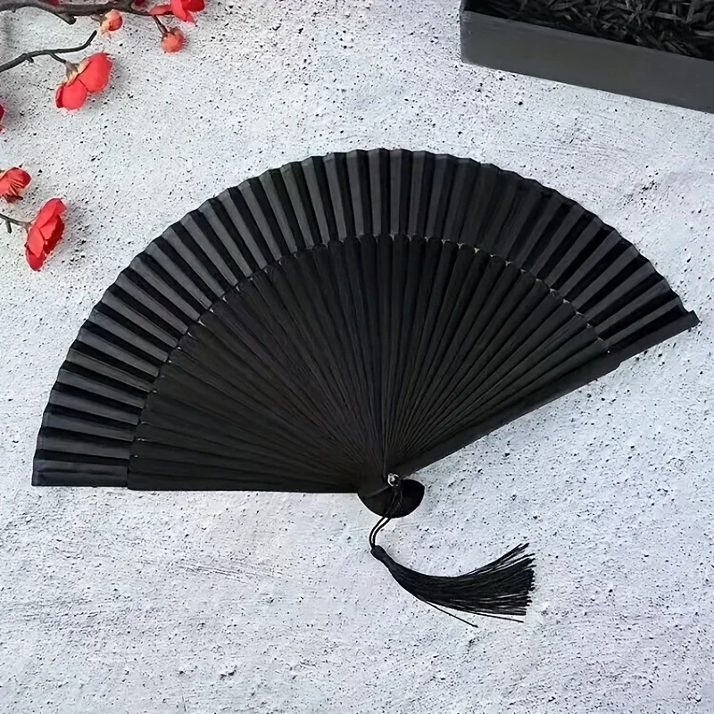 Vintage Black Bamboo Folding Fan – Handmade Retro Chinese/Japanese Style, 21.01 cm, Lightweight & Durable