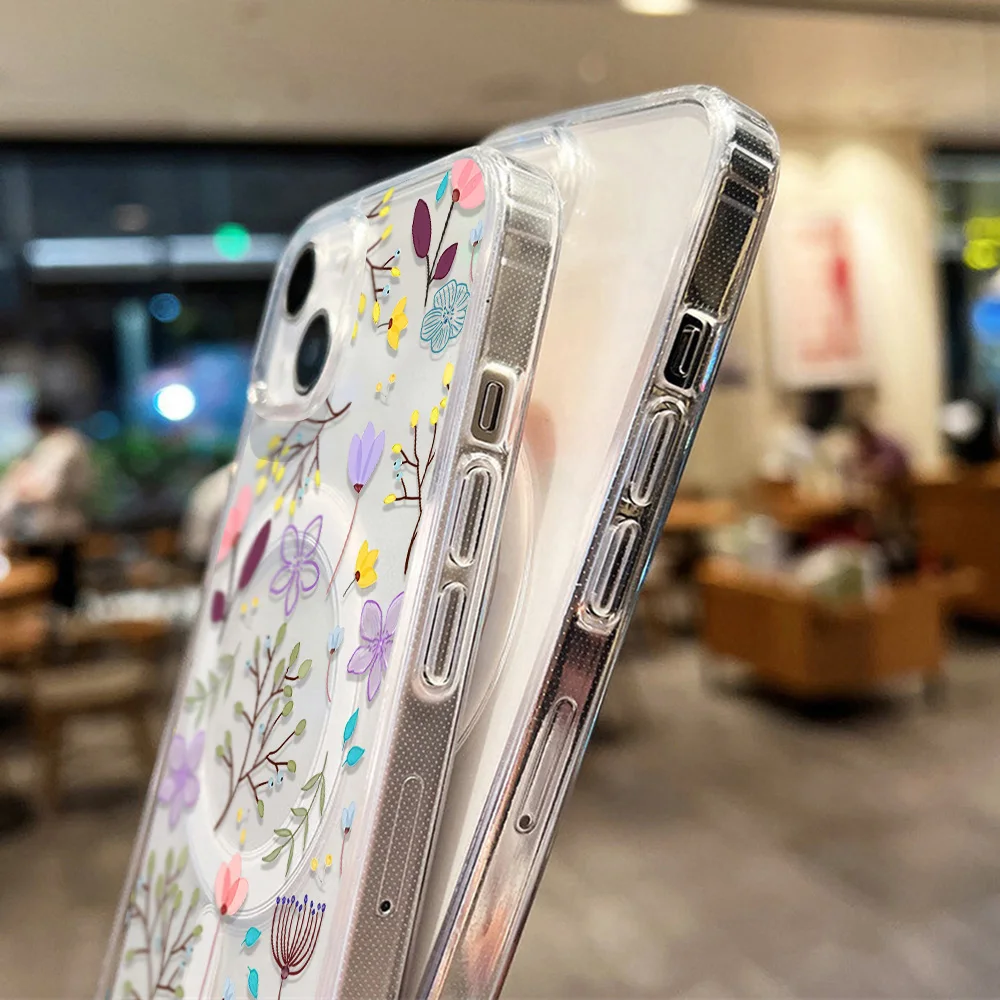 For Magsafe Wireless Charger Case For iPhone 16 Case iPhone 17 15 14 13 12 11 Pro Max Air Cute Purple Flower Ultra Clear Cover