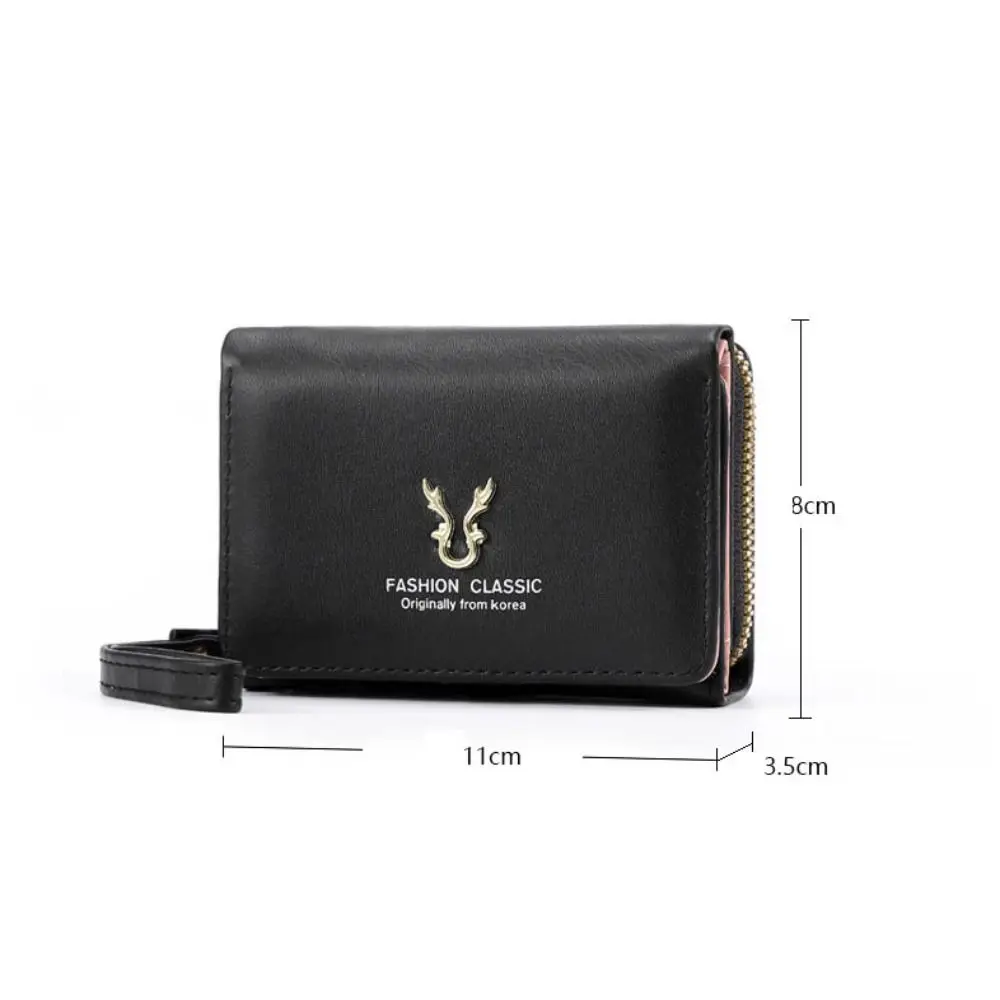 Luxury Leather Short Wallet Large Capacity Solid Color Card Holder Small Antler Women's Handbag Lady