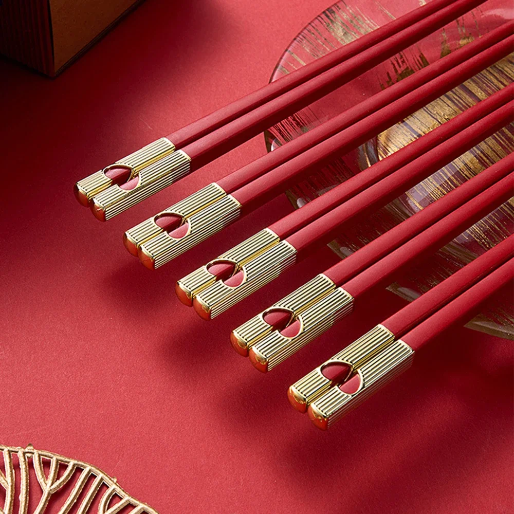 

5 пар палочек для еды с красным сердечком, многоразовые китайские палочки для еды 24 см для свадьбы, набор корейских японских палочек для суши