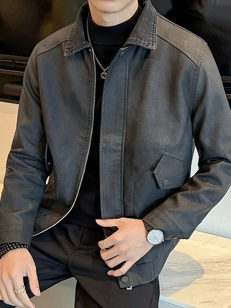 

Rn Men's Bla Casual Leather Jaet Collared Sle Autumn New Faion Brand High-End Feeling Cool Haome Outerwear