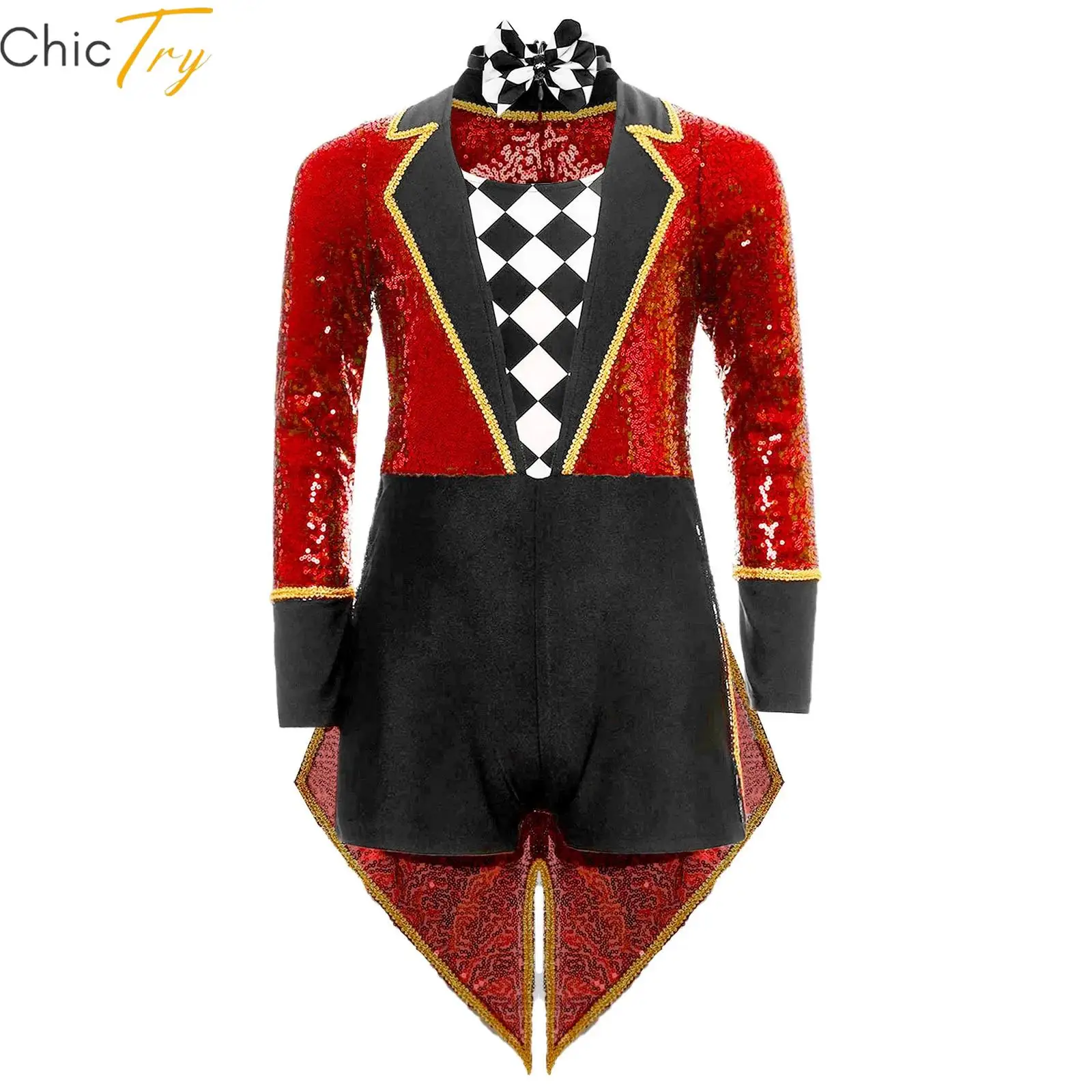 

Kids Girls Halloween Circus Costumes Magician Cosplay Leotard Long Sleeve Sequins Checkerboard Tailcoat Bodysuit with Bow Tie