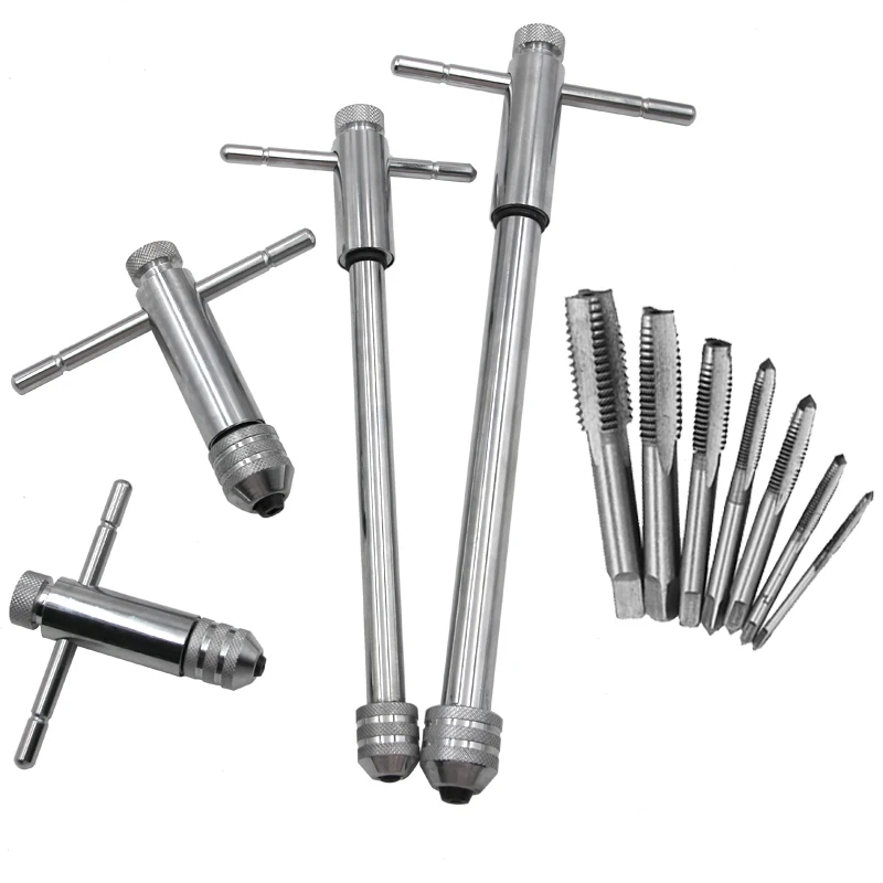 Adjustable M3-8 M5-12 T-Handle Long Ratchet Tap Wrench Set Tap Screw Holder Set Metric Male Thread Plug Mechanical Workshop Tool