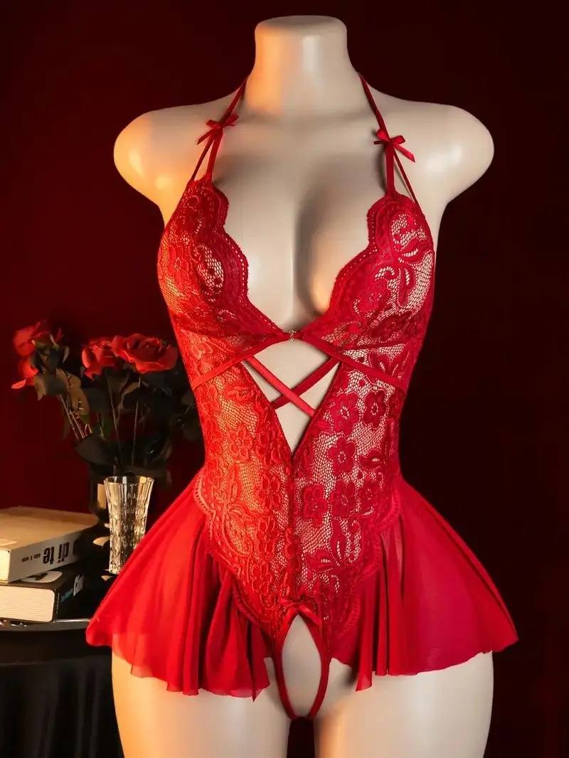 Vermelho feminino aberto bodysuit crotchless sexy tentação adulto lingerie erótica pijamas rendas trajes sexuais profundo decote em v roupa interior quente
