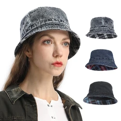 WAVEIST 100% Cotton Bucket Hat Checkered Denim Double-Sided Wear Unisex Short Retro Style Everyday Trendy Gift