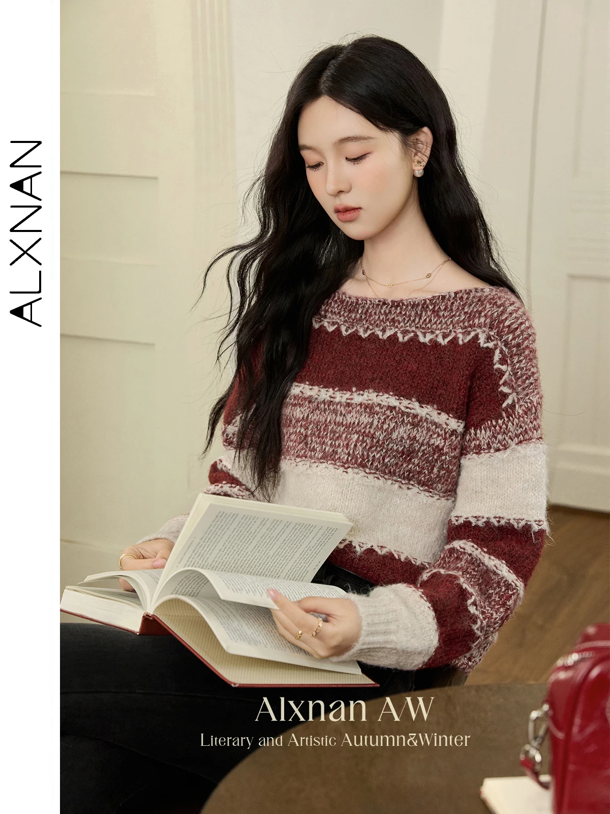 ALXNAN 여성용 스트라이프 스웨터 라운드 칼라 따뜻한 루즈핏 긴팔 풀오버 2025 가을 겨울 캐주얼 니트 탑 L50927