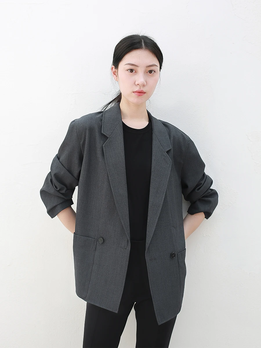 

Classic Double-Breasted Woolen Women's Suit Jaet Loose Fit Simple Sle Polyester Fabric Long Sve Formal Wear