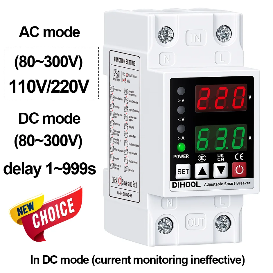 Adjustable Voltage Current Protector 110/220V 80-300V Universal  Single Phase AC DC Protection 1~63a Self resetting