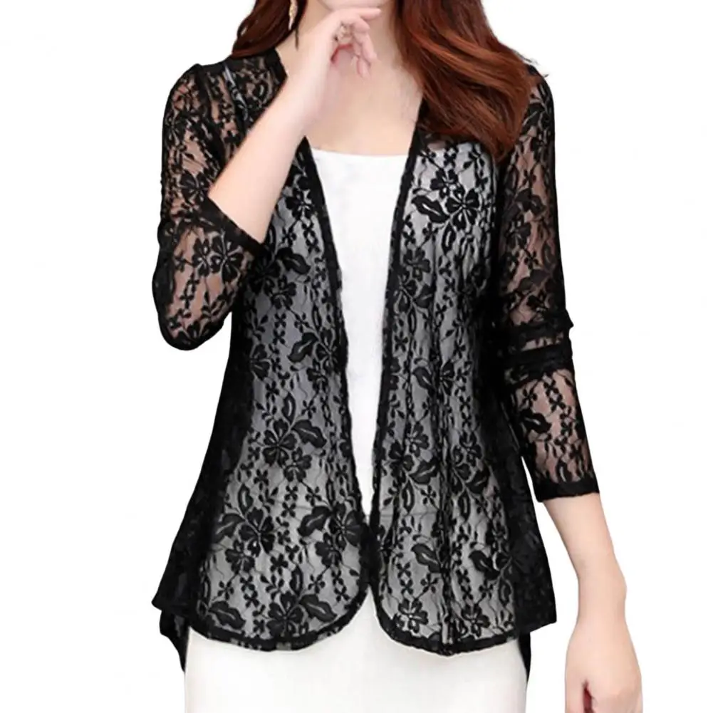 Women Summer Hollow Cardigan Shirt Sunproof Blouse Boho Tops Beach Lace Chiffon Sunscreen Outwear Casual Long Sleeve Shirt Coat