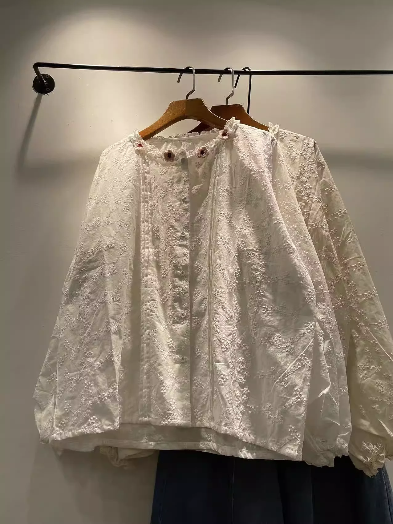 

2026 Mori kei clothing 100% cotton women shirts elegant boho long sleeve white beige embroider shirts and blouses fall clothes