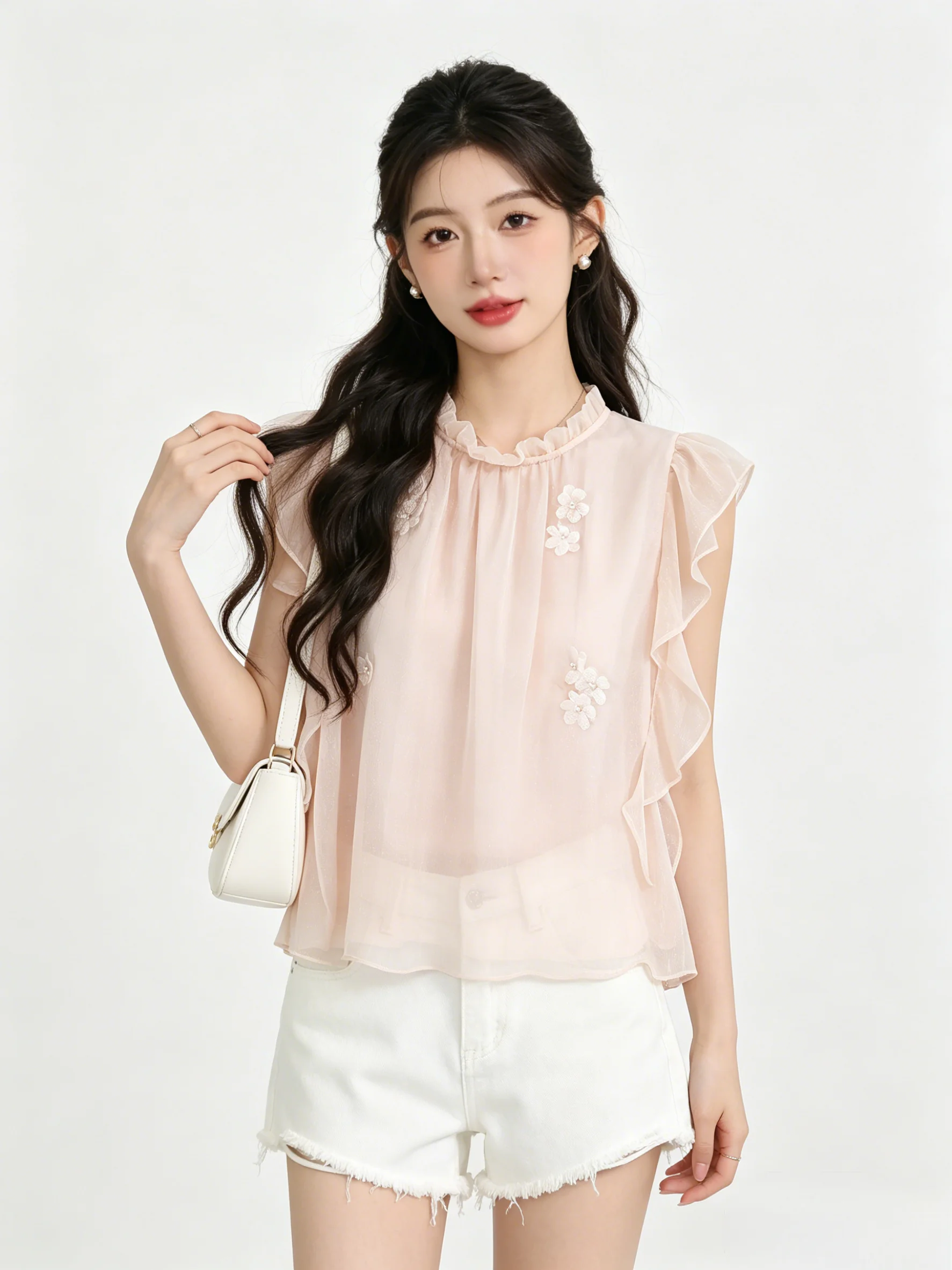 

Pink Sweet Atmosphere Lace Trim Vest Small Shirt Summer New Skin-friendly Anti-aging 3D Flower Beautiful Top Women's Shirt