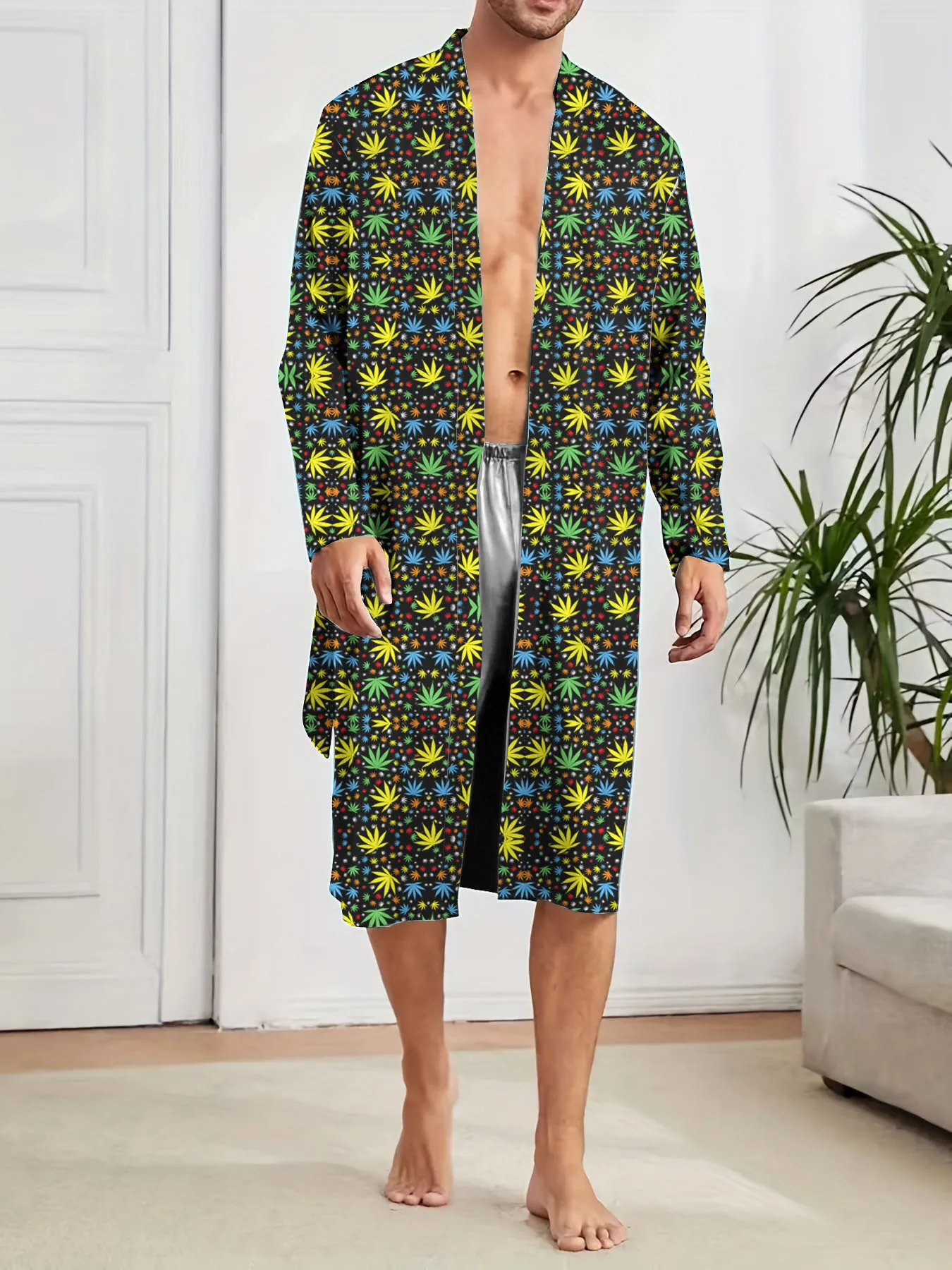Digital printed multi-color leaf pattern men's longs robe, spring and autumn casual men's nightgown, home quick drying