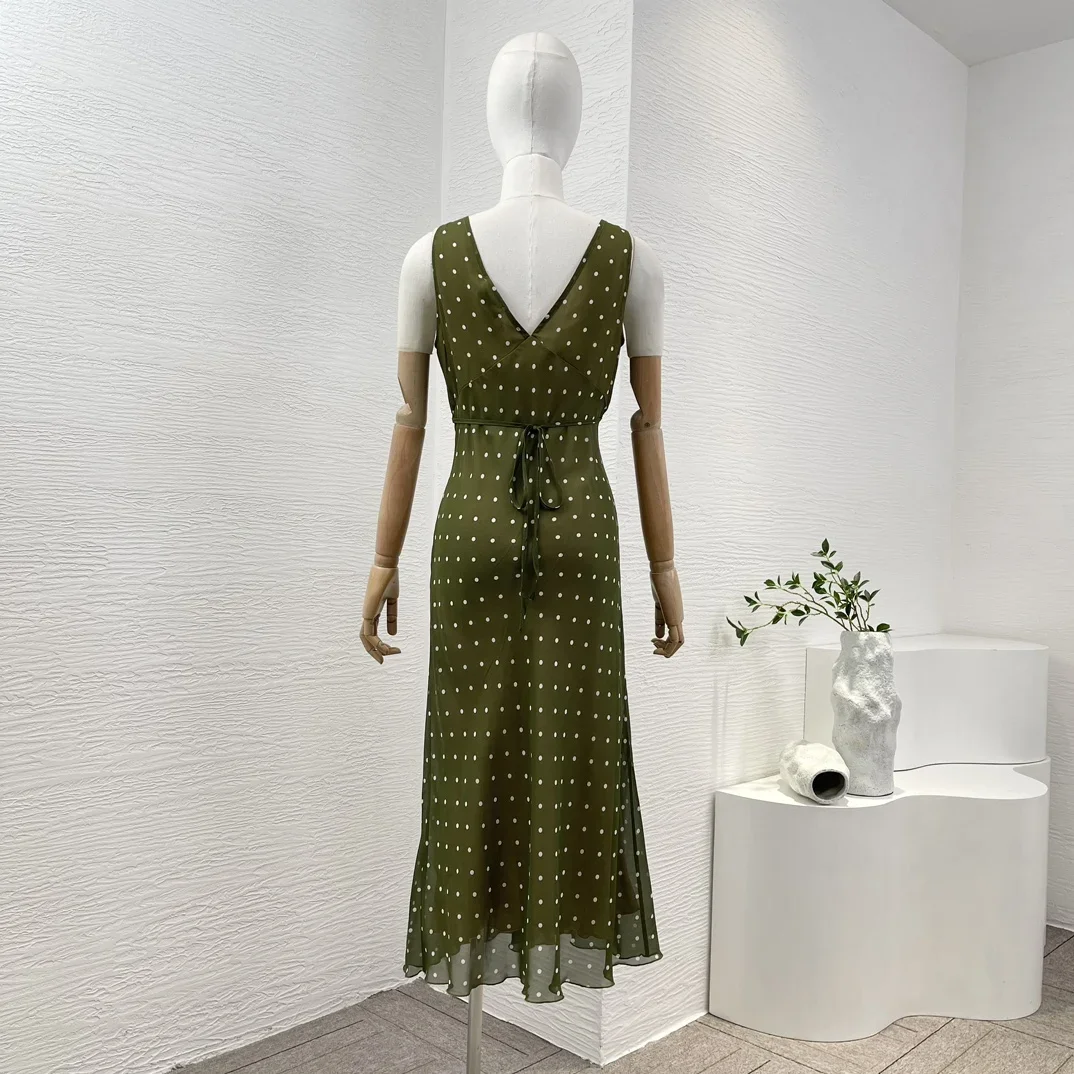 Silk 2024 New High Quality Green White Polka Dot Print Sleeveless V-neck Self Tie Bow Back Midi Dress for Women