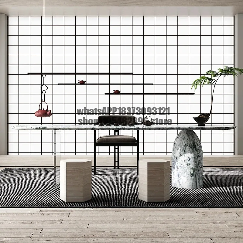 Acrylic Floating Marble Tea Desk - Oval Natural Stone Table with Solid Base, Multi-Functional Conference Table Curved Design