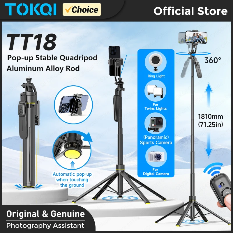TOKQI Auto Pop Open Tripod 71.21in عصا سيلفي قابلة للتمديد كوادرابود ثابت لتصوير كاميرا الحركة للهاتف المحمول، خيار ملء الضوء