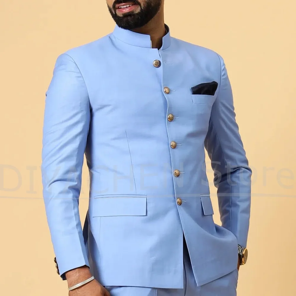 

Мужские костюмы из двух предметов, однобортный воротник-стойка, тонкие наряды, модный вечерний свадебный смокинг, формальный повседневный повседневный костюм Homme