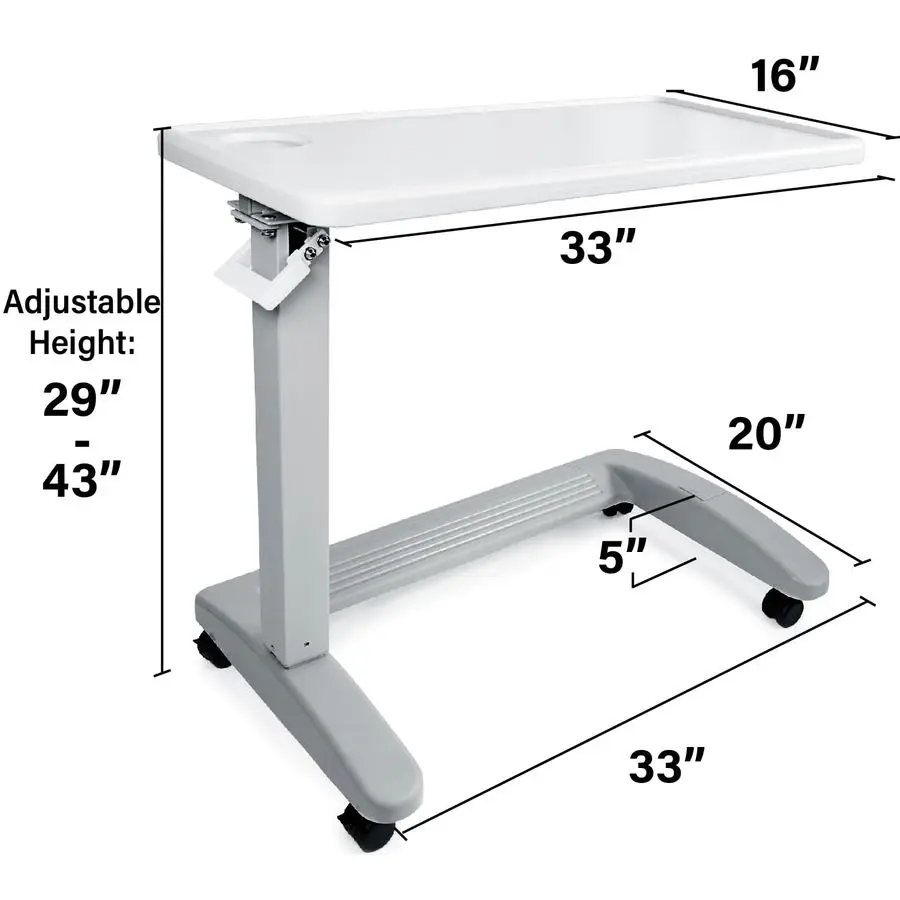 Medical Adjustable Overbed Exam Bedside Table with Wheels Hospital and Home Use, New Tabletop, Light Gray