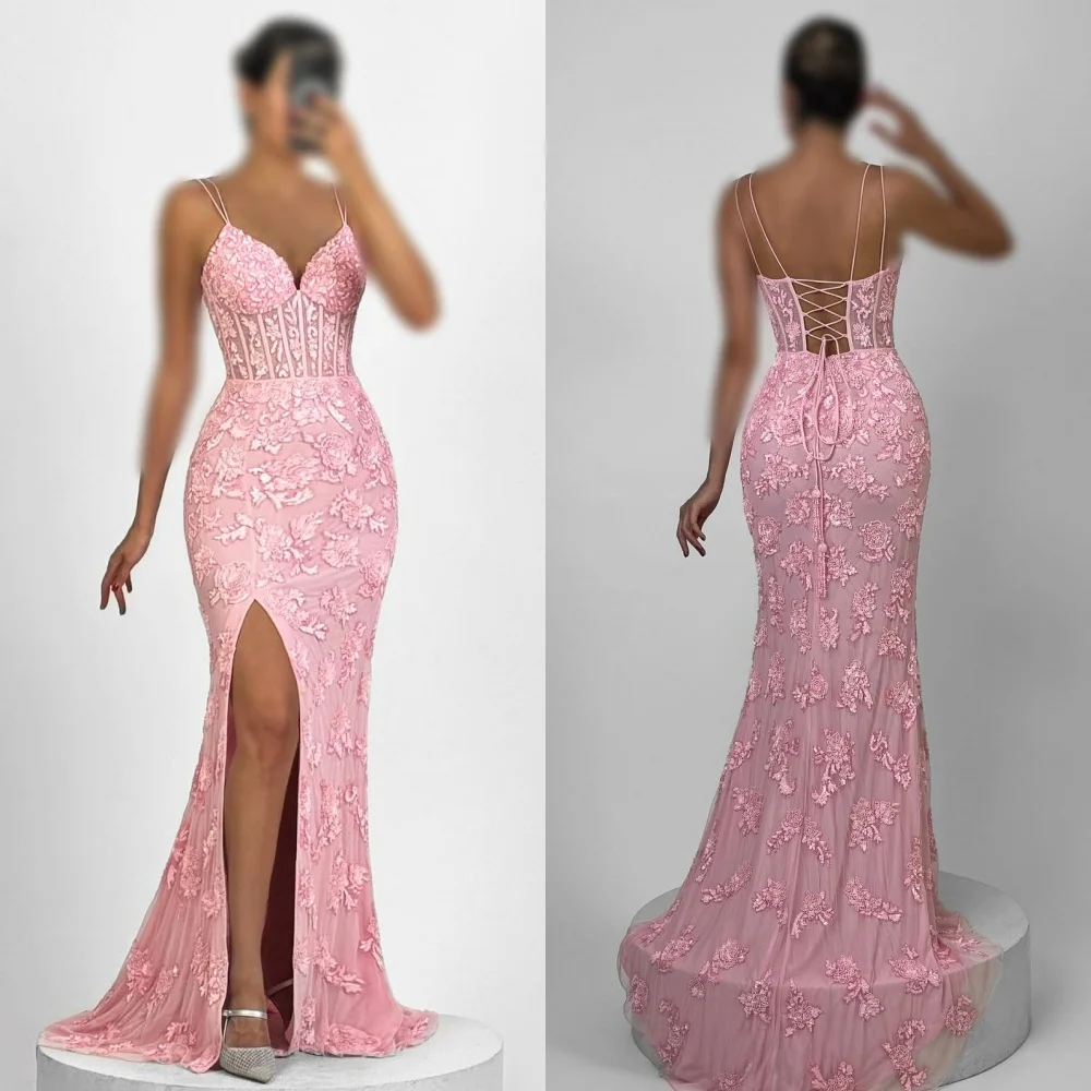

Customized High Quality Intricate Chiffon Applique Pleat Mermaid Spaghetti strap Long Dresses Bespoke Occasion Dresses Matching
