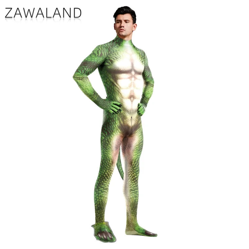 Zawaland Halloween Bodysuits Male Adult Costume With Tail Full Cover Elastic Zentai Suit Cosplay Animal Dragon Print Catsuit