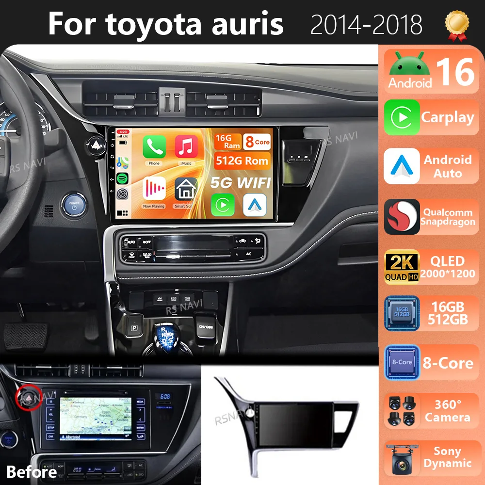 Plug-and-Play Android 16 für Toyota Corolla 11 Auris LHD 2017 - 2019 2K QLED Android Autoradio Videoplayer GPS Stereo CarPlay