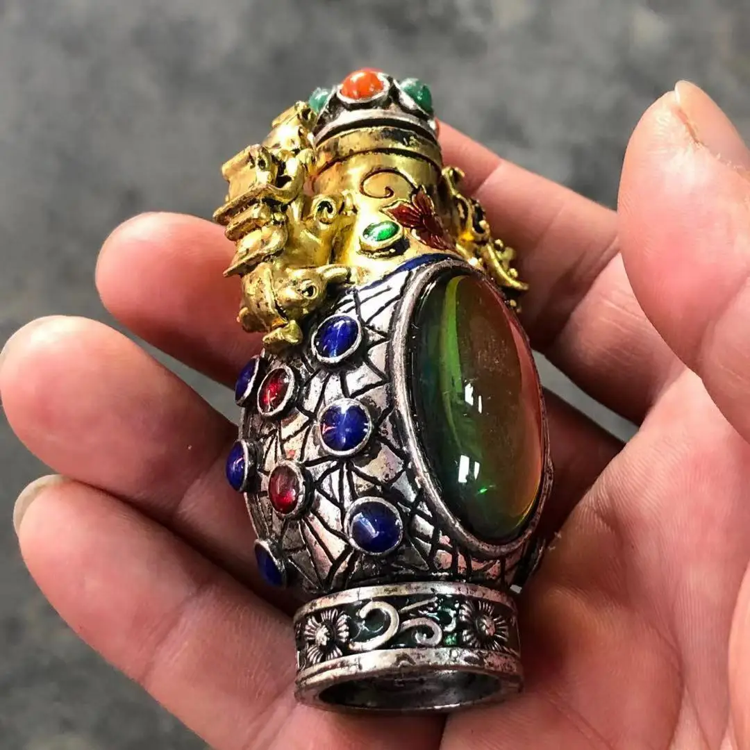 Tibetan Silver Inlaid Colored Gem Snuff Bottle Double Dragon Ear with Gold Gilt Dragon Relief Antique Craft Desktop Ornament