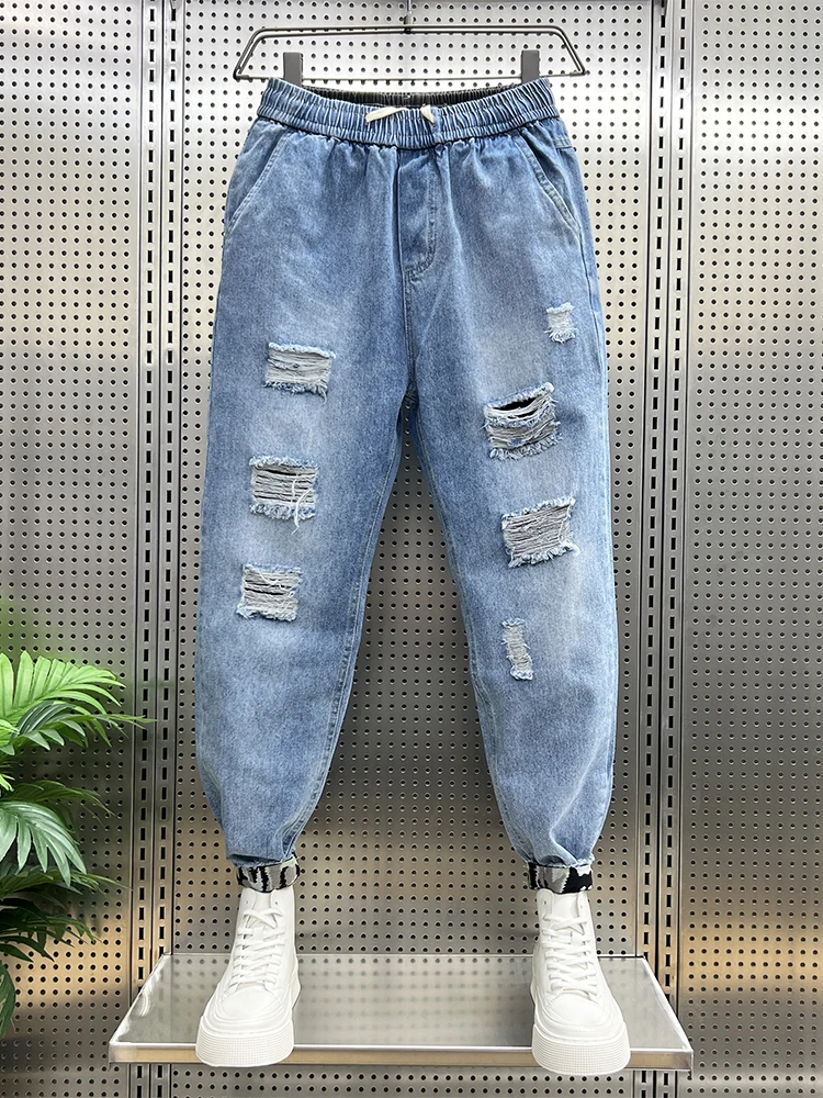 

Summer Thin Hole Denim Jeans Men's Trendy Loose Cuffed Poor Man's Pants Boys Summer Light Blue Nine Points Jeans Casual Wear