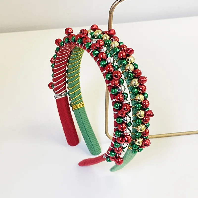 Christmas Bell Hairband Headband Christmas Red and Green Beads Bells Headband Flannel Jingling Beaded Winding Hair Accessories