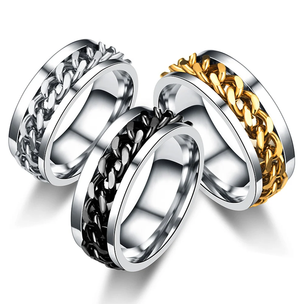 

10 pcs Fidget Anxiety Finger Rings Jewelry Rotatable Cuban Link Chain Ring Women Mens 8mm Stainless Steel Spinner Rings