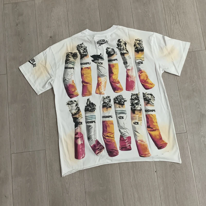 Streetwear Cigarette Prints Classic Personality Hip-hop Roughplay Tee Tops Washed Retro Distressed Short Sleeved T-shirt