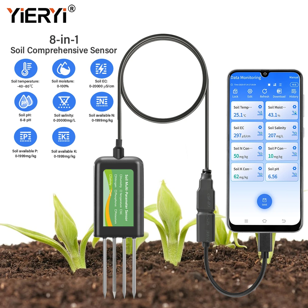 8-in-1 Smart Soil Moisture Meter Sensor for Android Real-Time Monitoring of pH EC NPK Salinity & Temperature