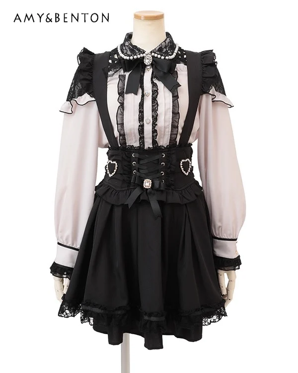 

Japanese Sweet Cute Love Cross Lace Up Bow Skirt Mine Mass-Produced High Waist Lace Stitching Mini Skirt Kawaii Suspender Skirt