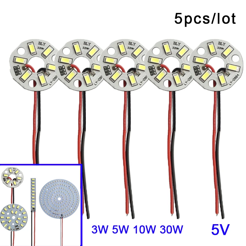 5Pcs LED Light Board 5V 3/5/10/30W 6/10/20/150 LEDs SMD5730 Round Bulb Lamp Source Diameter 31mm 50mm Warm White Neutral Lights