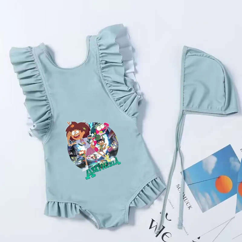 Amphibia Cartoon Swimsuit sem mangas para crianças, verão Swimwear, terno de praia, Kids Wear, One Piece Bikini, vestidos de banho