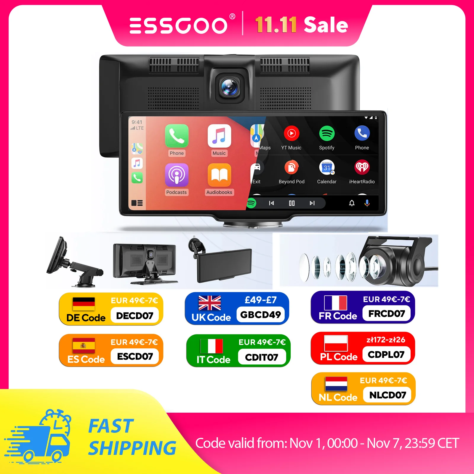 

4K 1080P 10.26" Wireless Apple CarPlay Android Auto Touchscreen Car DVR Dashcam Dual Lens Video Recorder Mirror Link WIFI BT FM