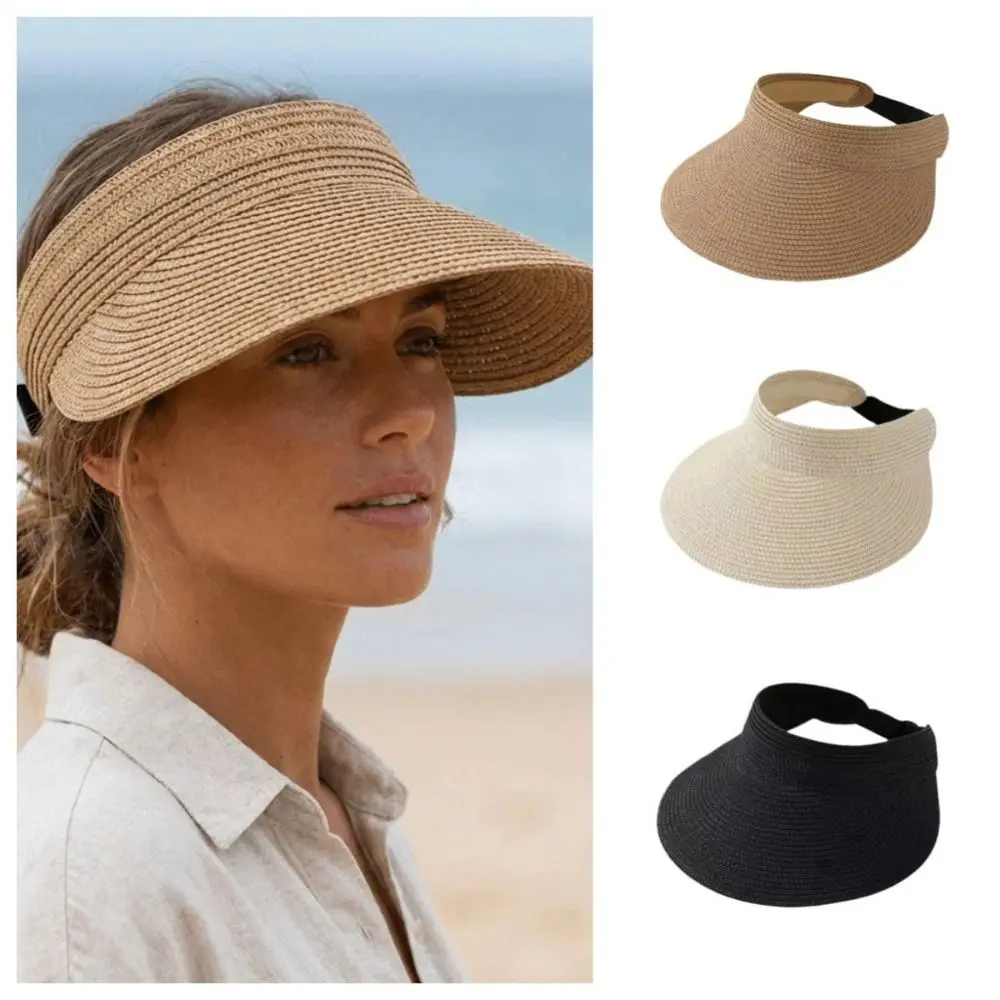 

Simple Solid Color Straw Sun Cap Adjustable Breathable Summer Visors Hat Foldable Empty Top Hat Wide Brim Beach Hat Outdoor