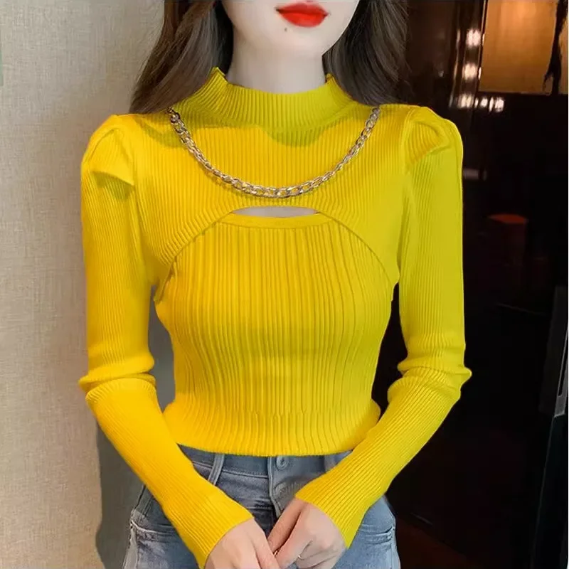 

Half High Neck Hollow Knitted Sweater Women's Sweater with Bubble Sleeves New Fashionable and Versatile Chain Sexy Long Sleeved