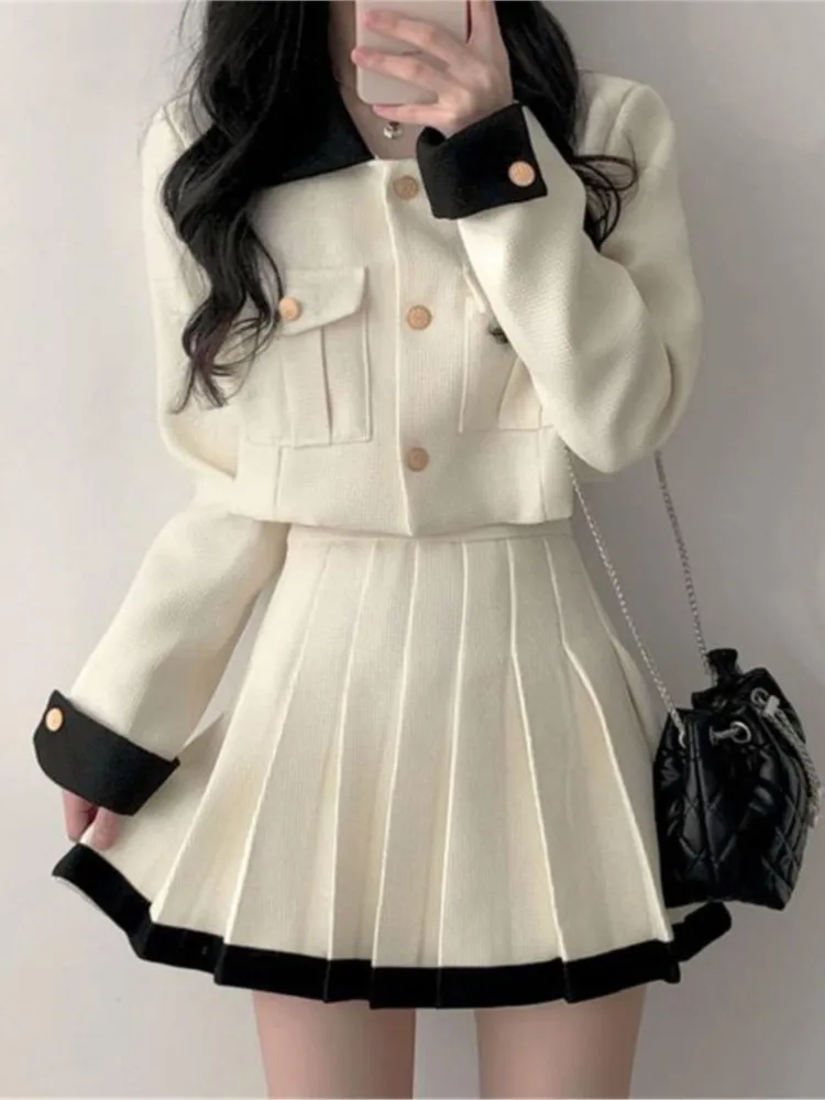 Korean Fashion Elegant Women Skirts Suit Vintage Casual Crop Jackets Pleated Mini Skirts Two Pieces Set Female Chic Clothes