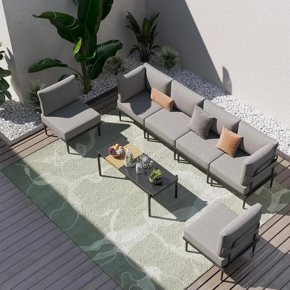 7 Pieces Metal Patio Furniture Set, Outdoor Sectional Sofa w/6 Inch Olefin Cushion, Modern Outdoor Conversation
