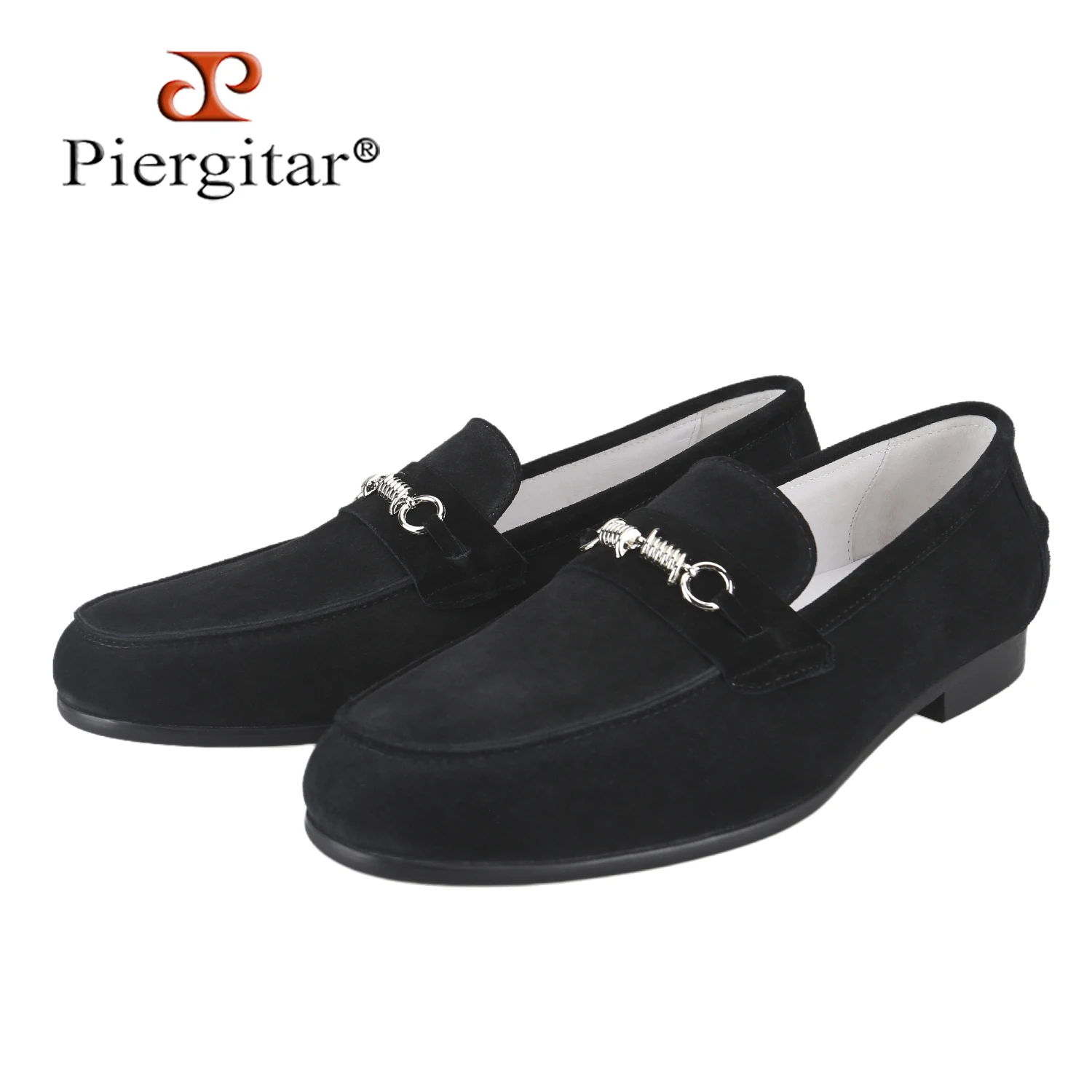 Piergitar Old Money Style Luxury Black Suede Men's Penny Loafers With Customized Sliver Spring Buckles For Business Casual Wear