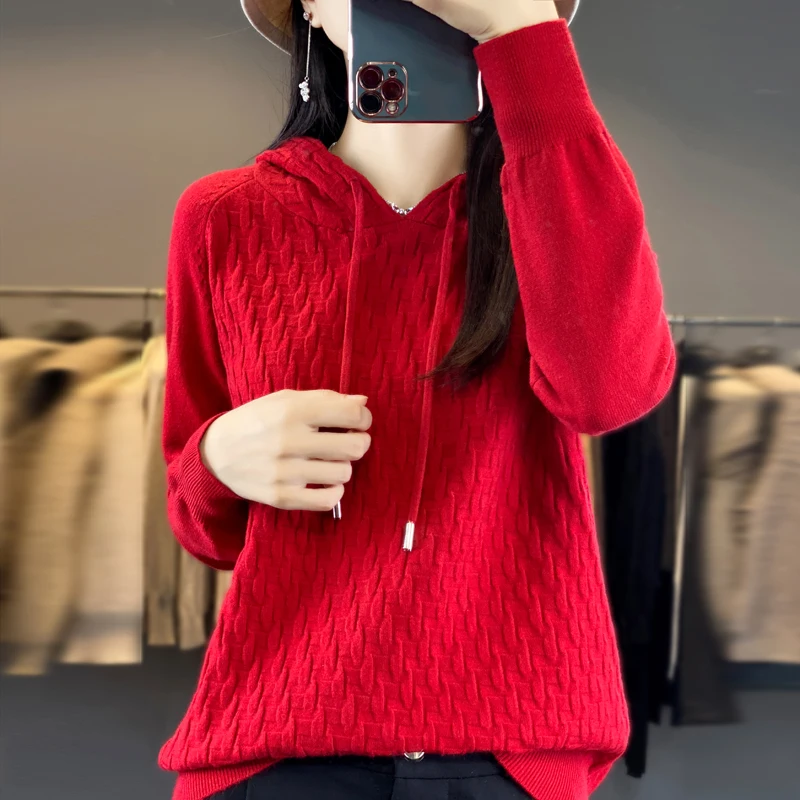 Women New Wool Blend Sweater Outwear Shirt Hooded Collar Carving Pullover Autumn Winter Bottoming Casual Warm Knitting Top