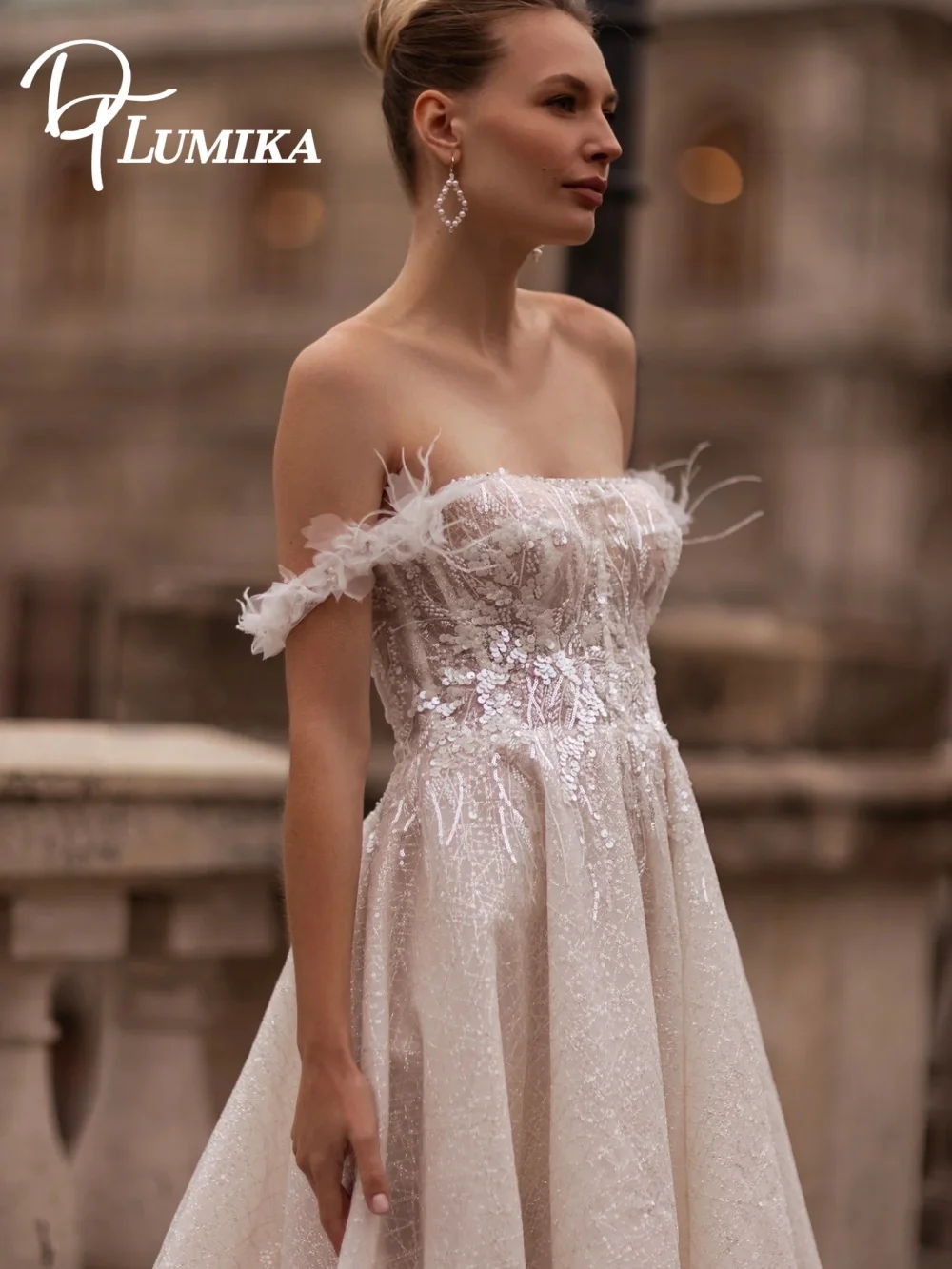 

DTLumika Dazzling Off-Shoulder Bridal Gown Sparkling Sequin Wedding Gown Luxury 3D Flower A-Line Bridal Dress Robes De Mariage