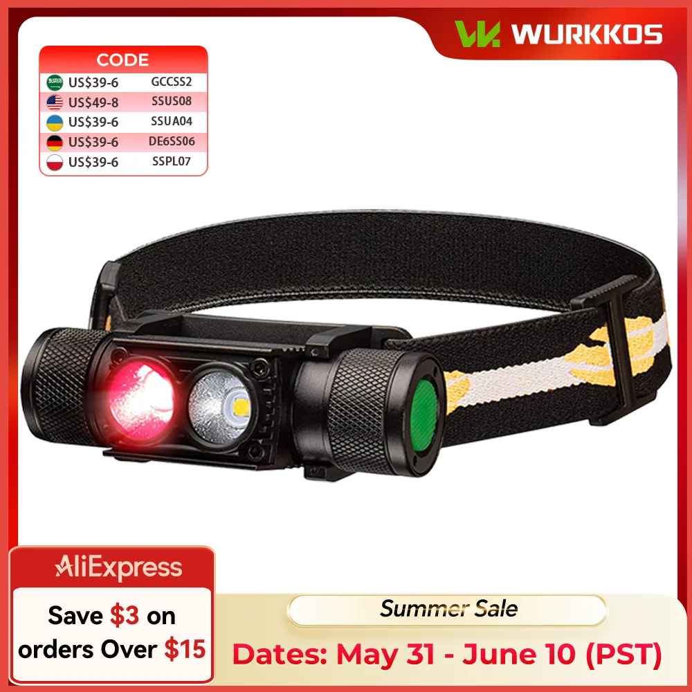 Wurkkos H25LR Lightweight USB Rechargeable Headlamp IPX6 Waterproof Torch Red & White Light 180 °Adjustable for Camping Hiking
