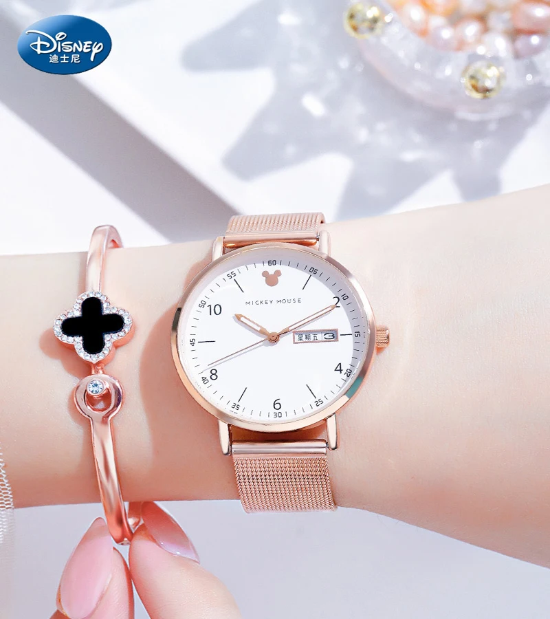 Disney Mickey Mouse Fashion Quartz Watch for Women Luminous Hands Date Week Feature Trendy Sky Stars Design Female Wristwatch