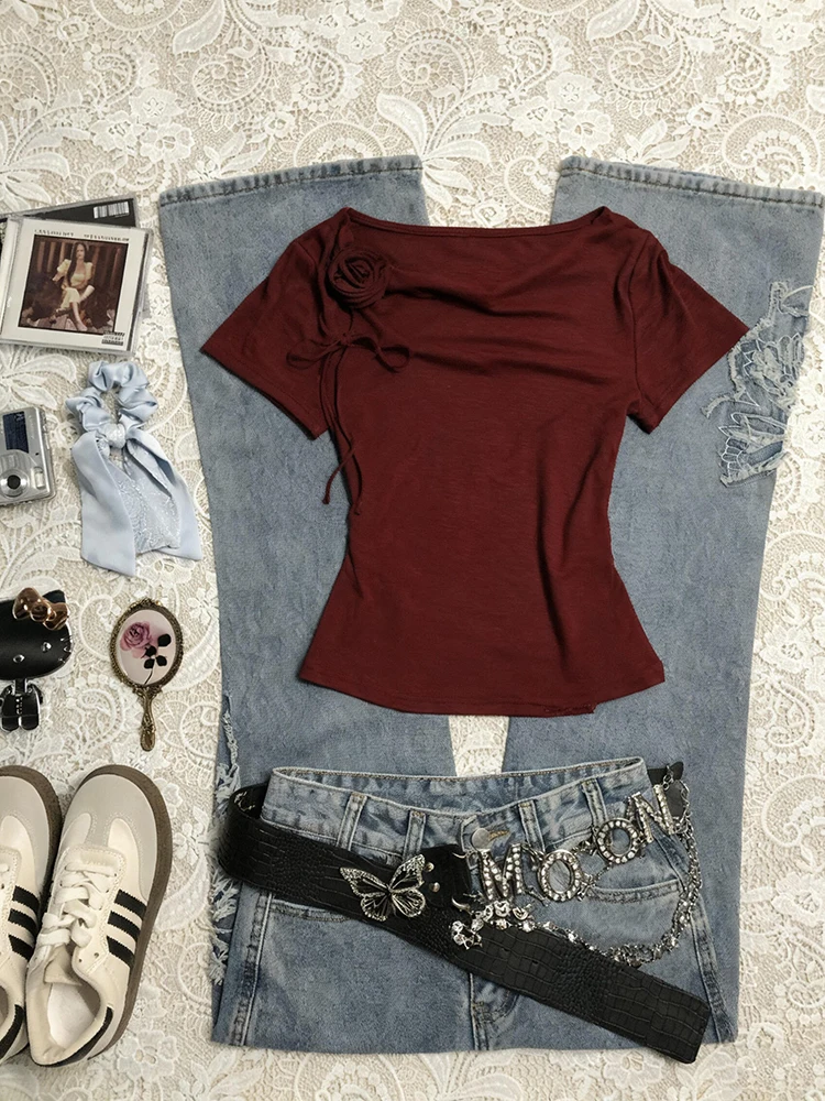 

Оригинальная красная винтажная футболка ort Sve для девочек, облегающая повседневная одежда, удобная дышащая повседневная футболка из смеси хлопка